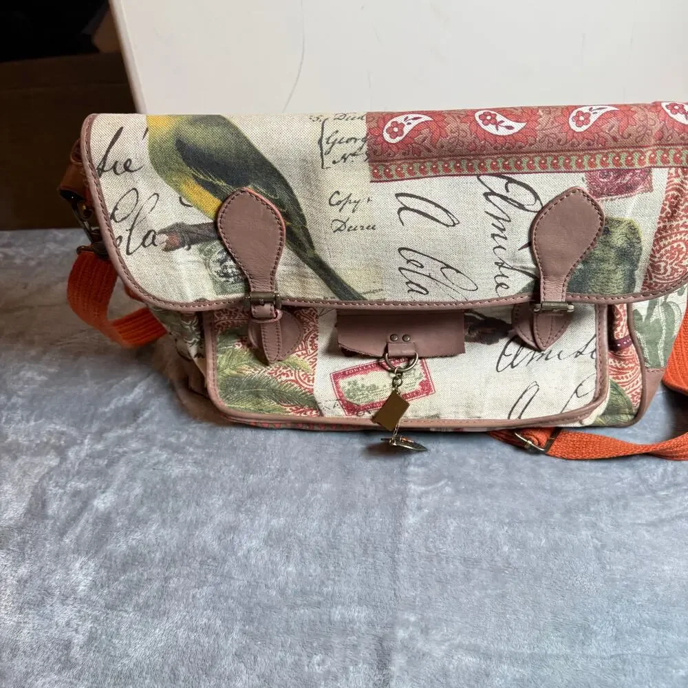 Velez Bird Print Canvas & Leather Messenger Crossbody Satchel Bag
